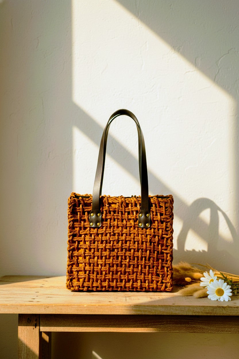 Woven orange handbag with black handles on a wooden surface with a white wall background. Indian Artisan made Sustainable fashion.