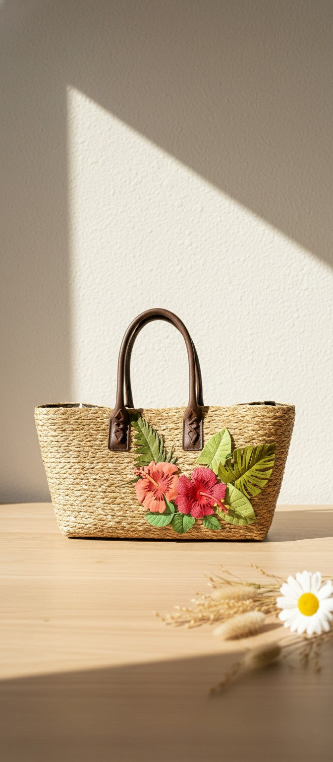 Woven grass handbag with floral design on a wooden surface with a leather flower ensembles. Natural and bio-degradable materials.