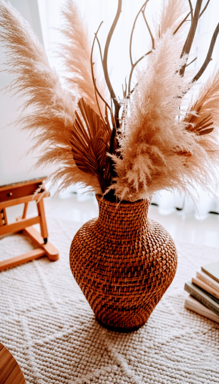 Hand woven cane vase with pampas grass on a textured surface