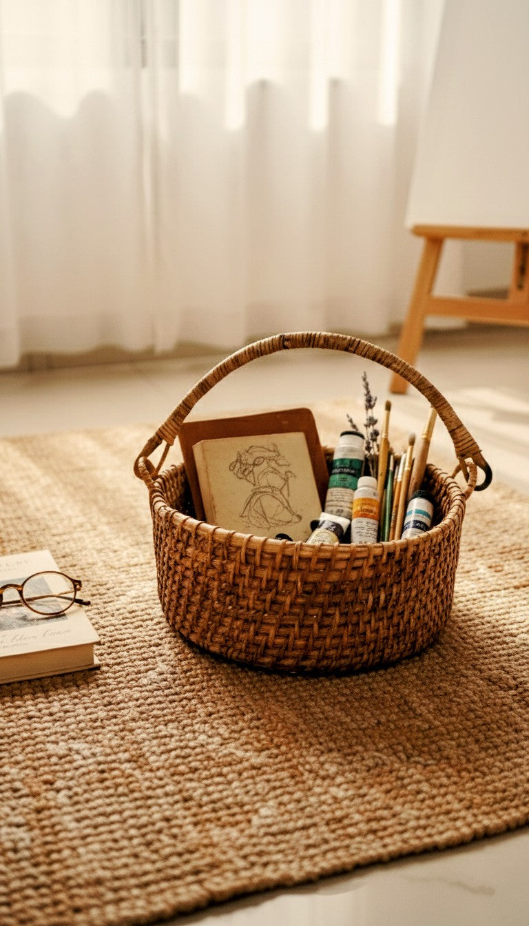 A hand woven Cane basket with handle filled with stationery items on a textured surface with a blurred background
