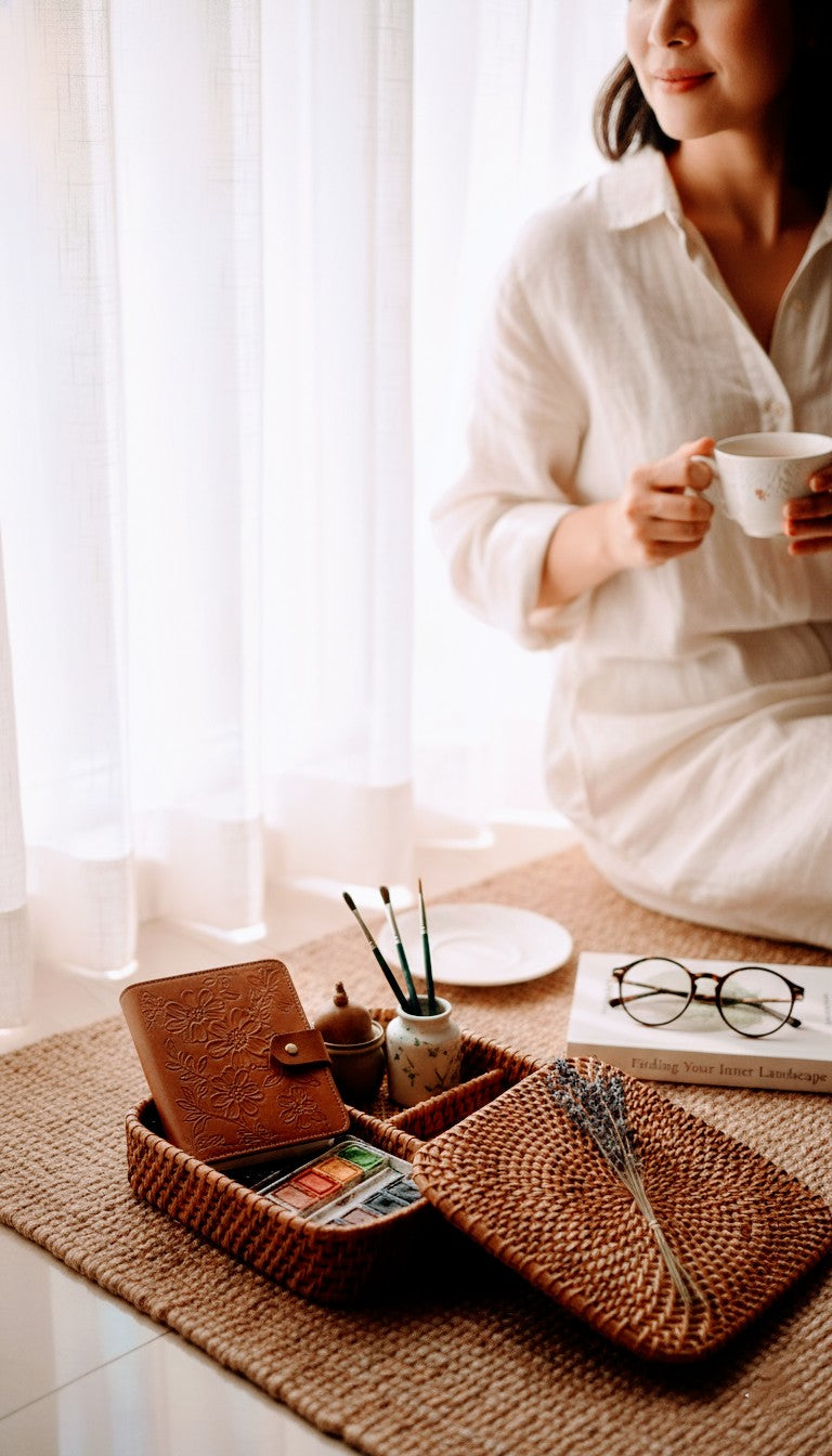 Person sitting on a couch holding a cup, with a cane organizer with compartments, office desk organizer 