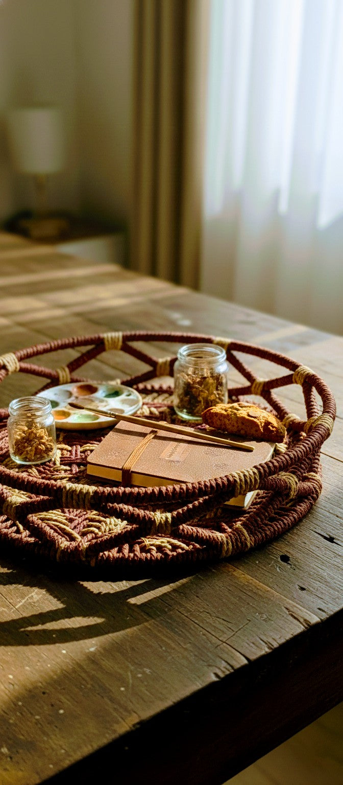 Sabai grass tray with iron frame with books, glasses, and snacks on a wooden table