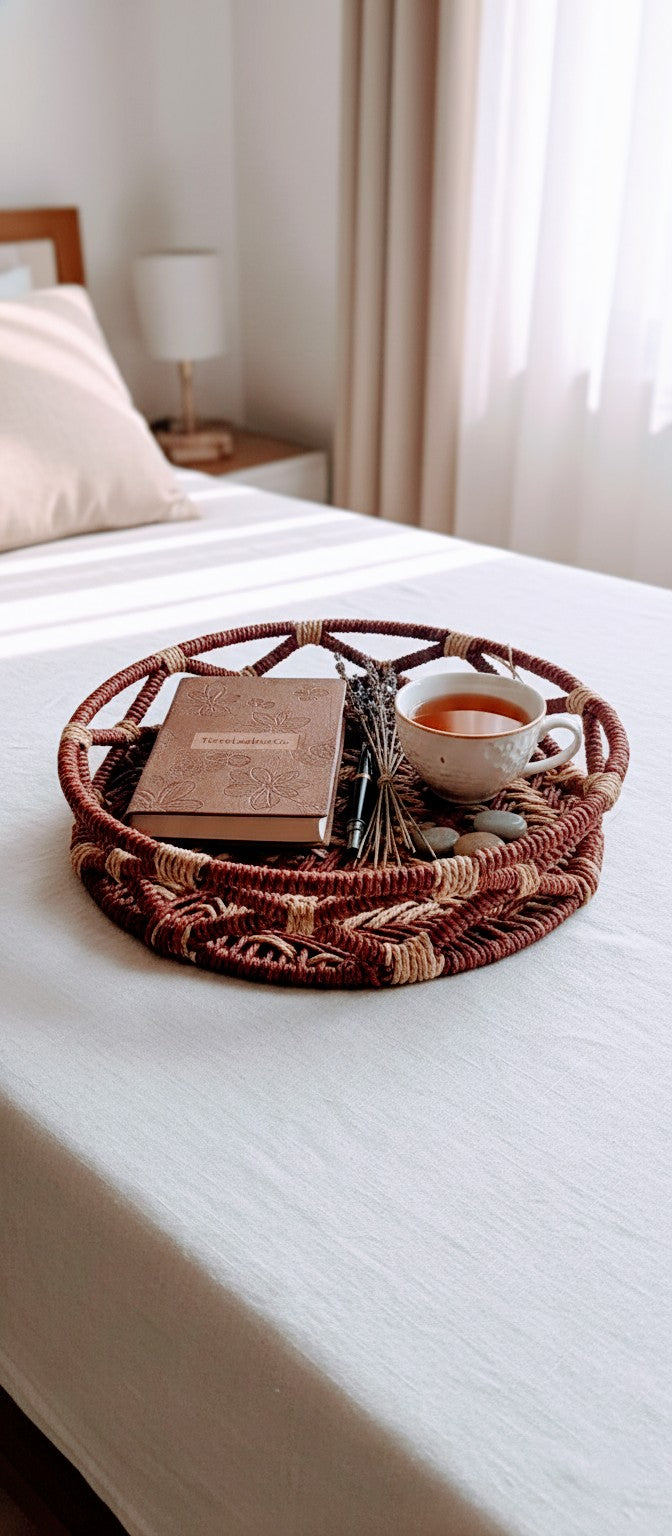 Sabai grass tray in iron frame with a book and cup of tea on a bed in a bedroom setting