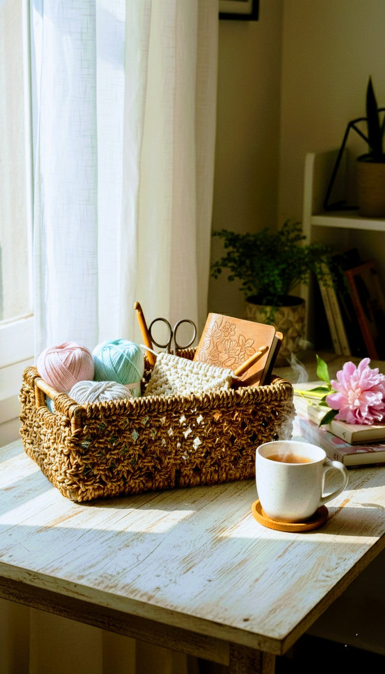 A hand  woven water hyacinth basket with yarn and knitting supplies on a wooden table by a window.