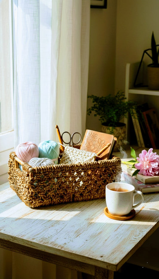 A hand  woven water hyacinth basket with yarn and knitting supplies on a wooden table by a window.