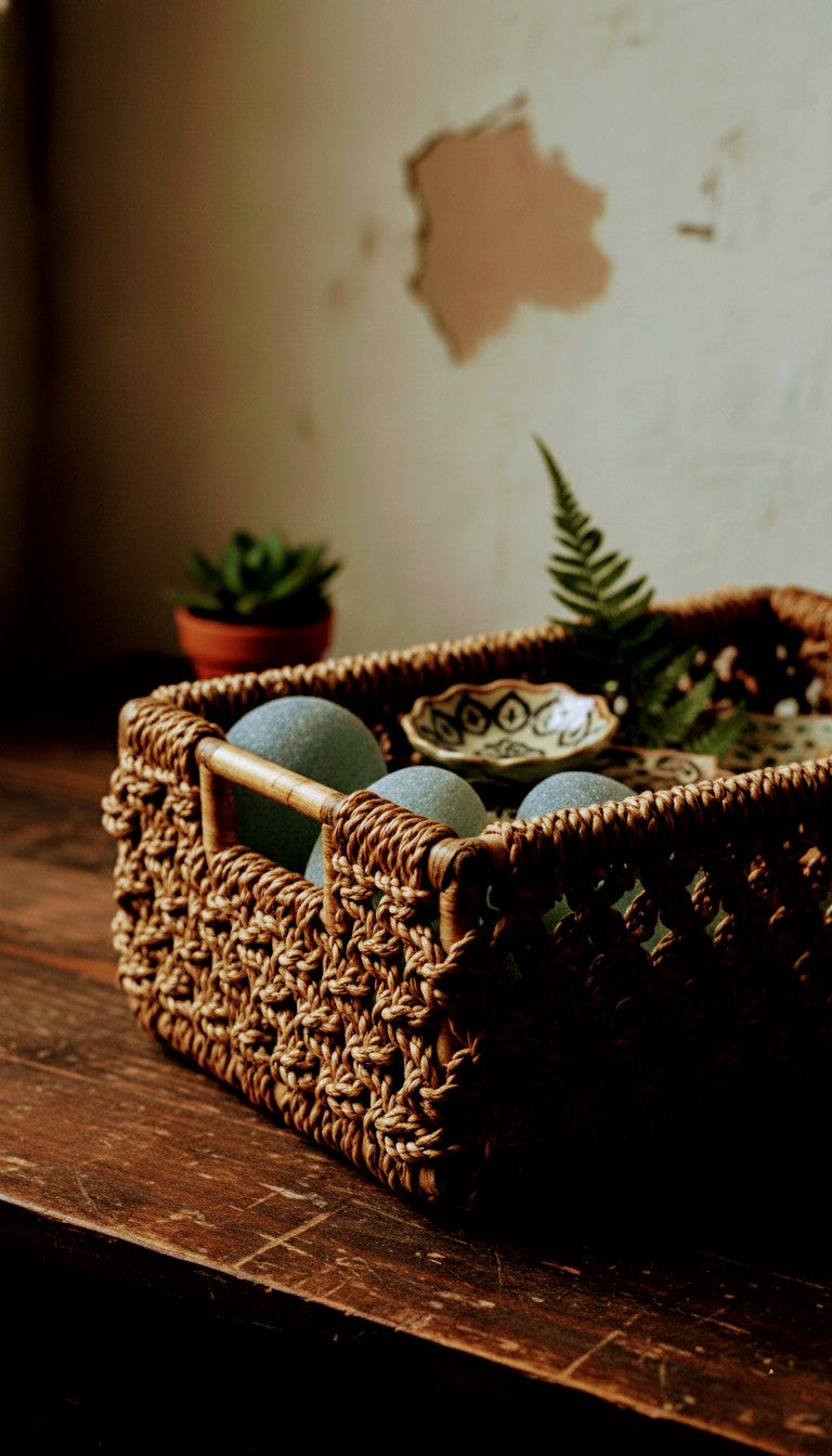 A water hyacinth basket with decorative items on a wooden surface