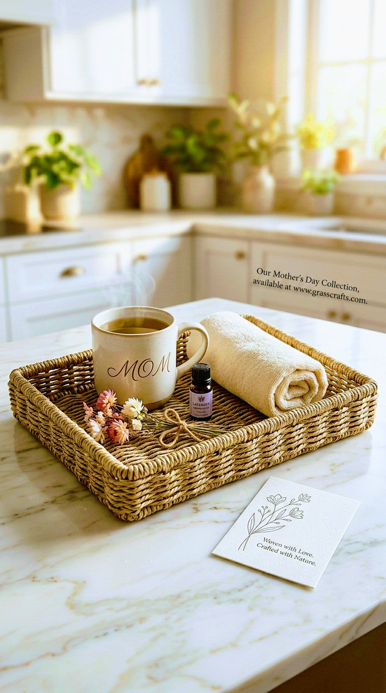 Sabai grass tray  with iron frame -  with coffee mug, rolled towel, and small bottle on marble countertop