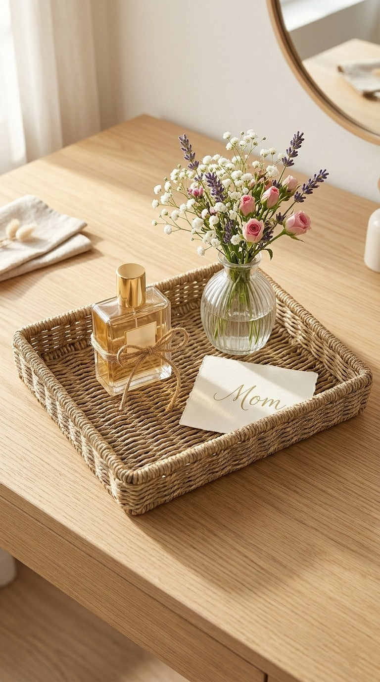 hand woven sabai grass tray with a bottle, flowers, and card on a wooden surface