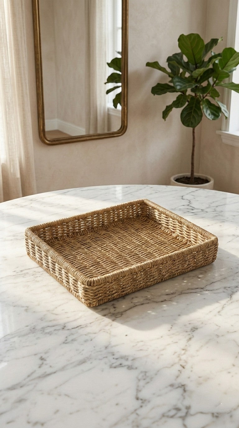 A hand woven sabai grass tray on a marble surface with a mirror and plant in the background
