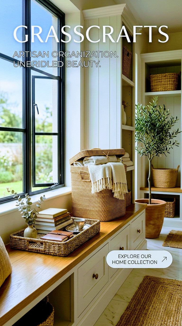 Nestled corner of a room with a big size cane laundry basket, a large window, wooden desk, and decorative elements.