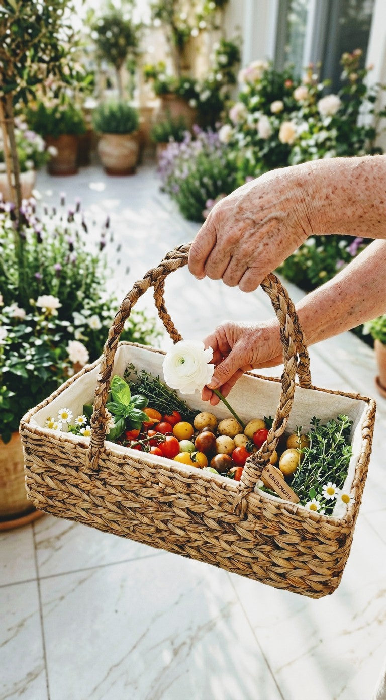Person holding a hand woven water hyacinth basket filled with fresh vegetables and flowers in a terrace garden setting.