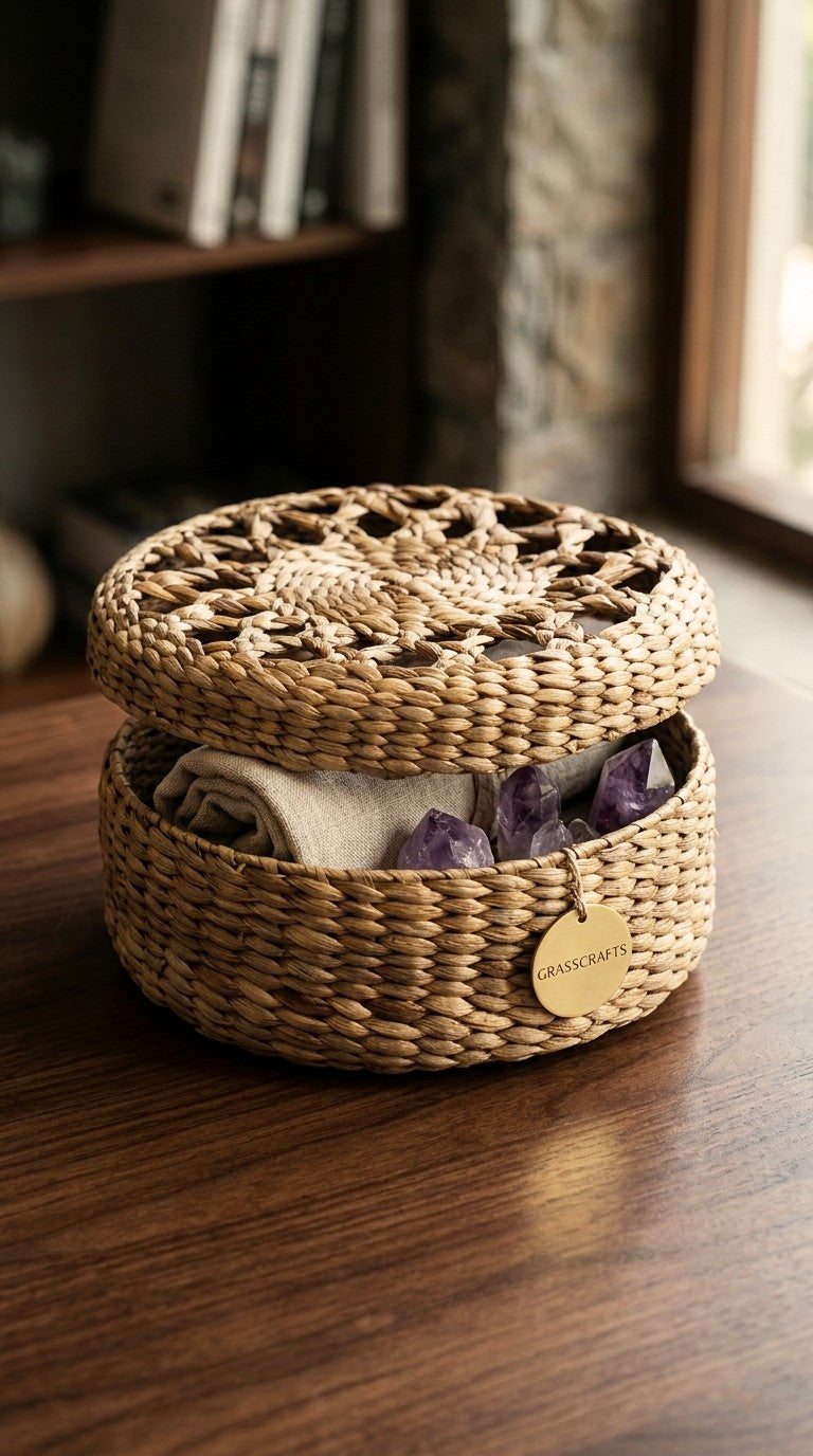 Sun-Woven Water Hyacinth Round Storage Box with Jali Lid | GrassCrafts