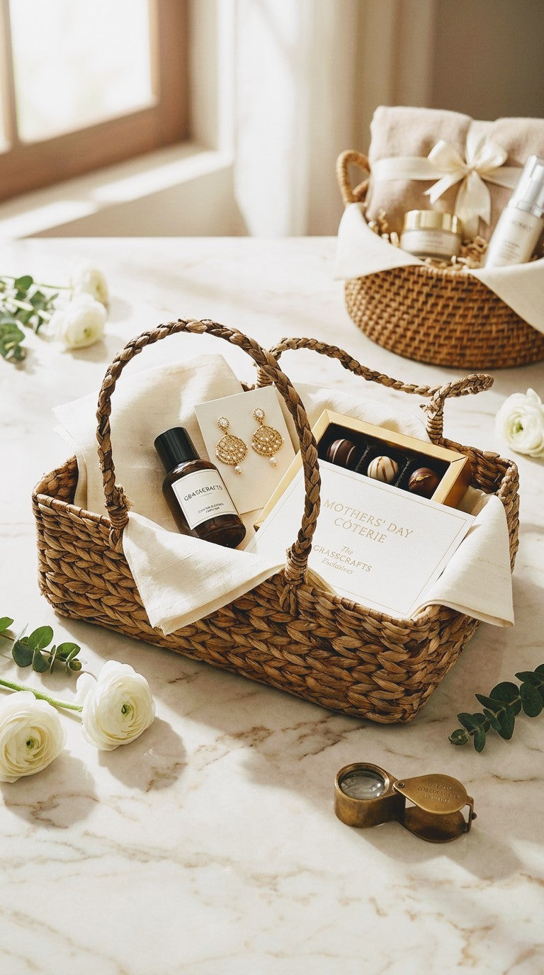 Hand woven water hyacinth gift basket with skincare products on a marble surface