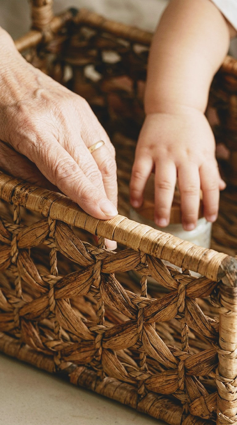 Close-up of two hands, one adult and one child, reaching into a hand woven water hyacinth woven basket.