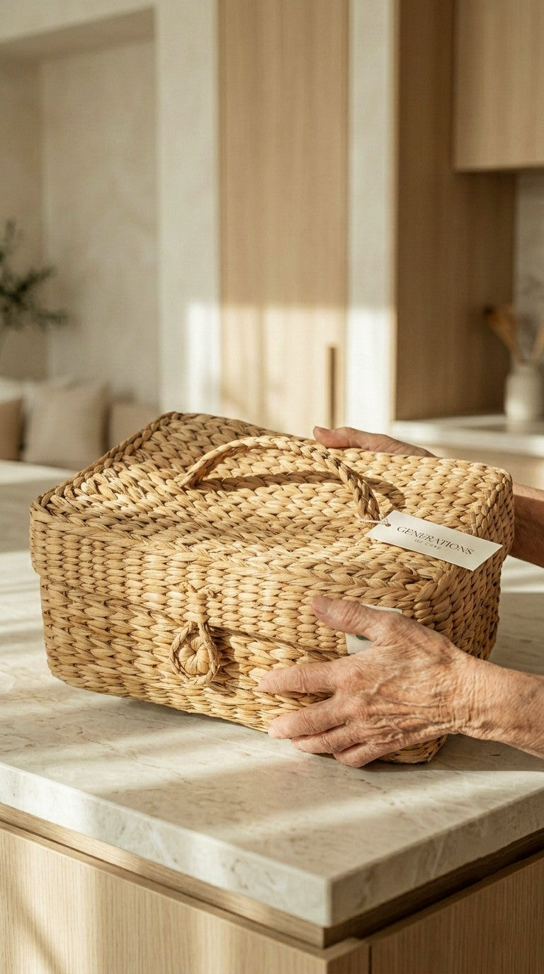 Person holding a hand woven kauna grass basket on a kitchen counter