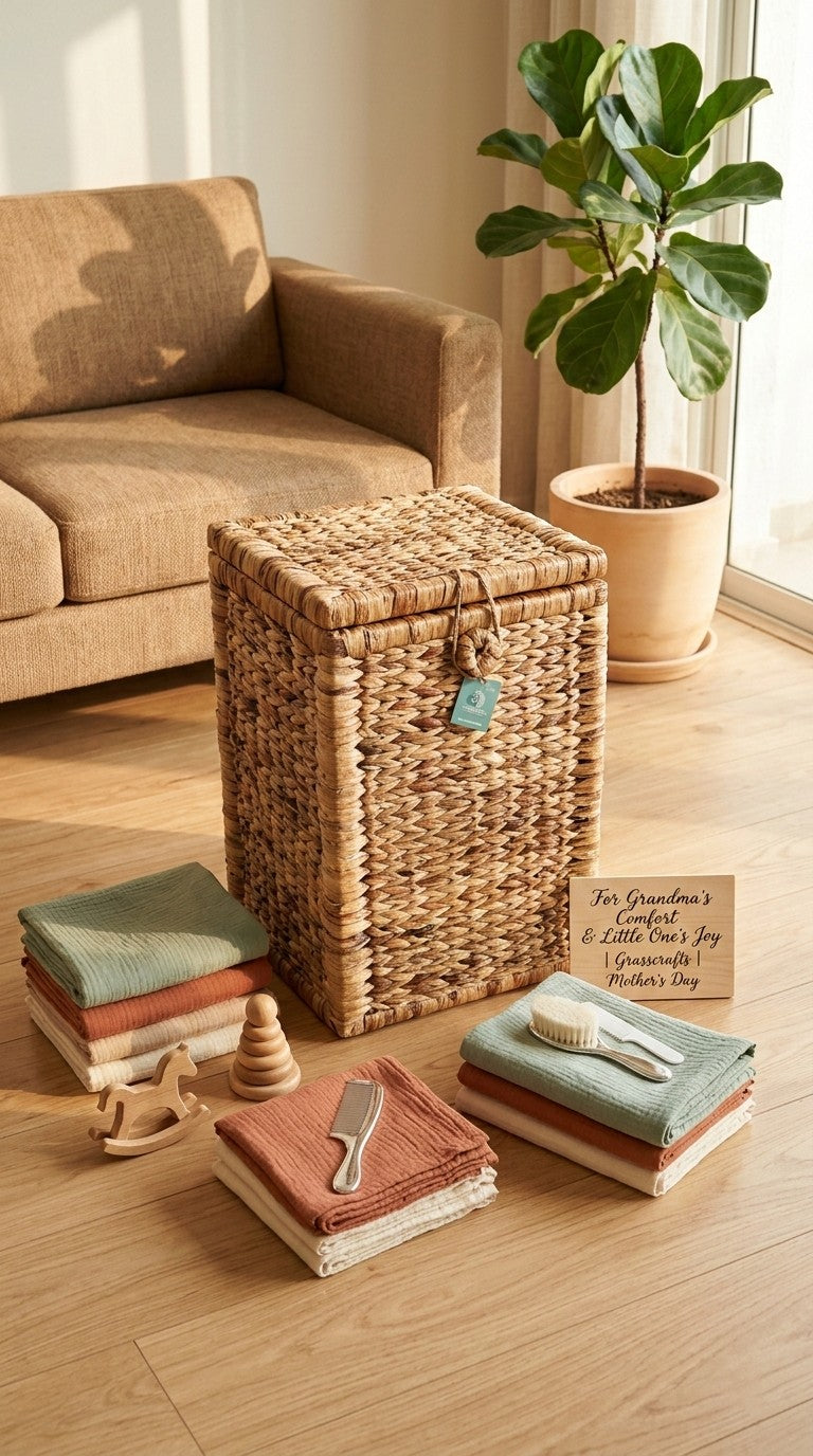 Water hyacinth big storage basket on a wooden floor with folded cloths and a plant in the background