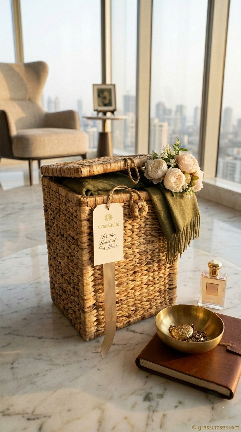 Hand Woven water hyacinth basket with decorative items on a marble surface near large windows with city view