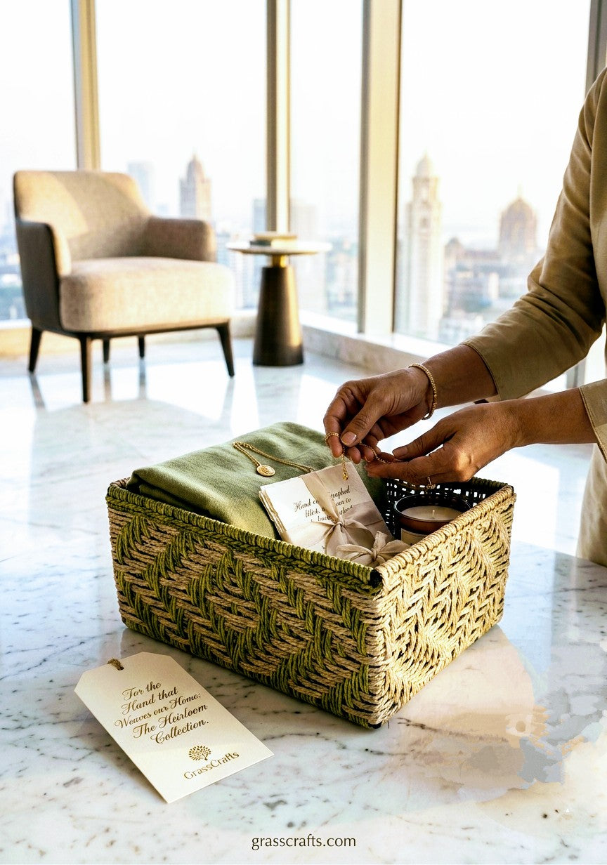 Person opening a sabai gift box with a view of a cityscape through large windows.