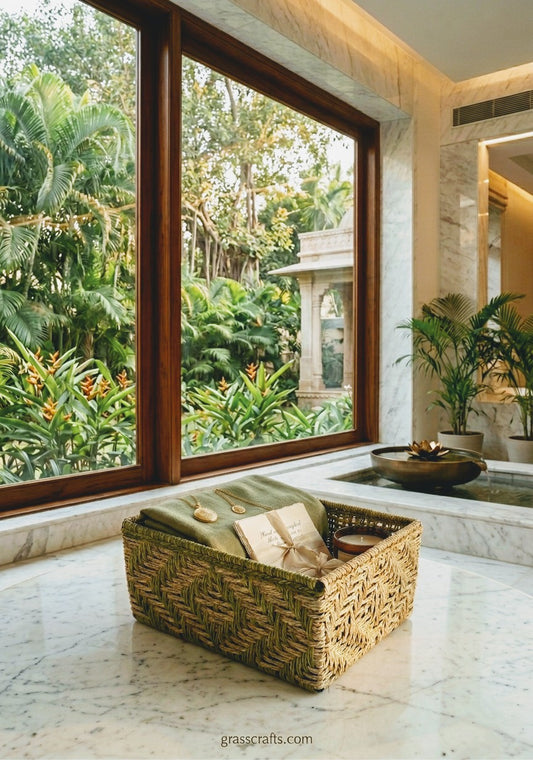 handmade Woven basket with towels and a bowl on a marble floor, large window showing greenery outside.