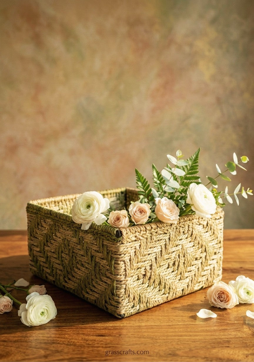 Woven sabai basket with flowers on a wooden surface against a textured wall.