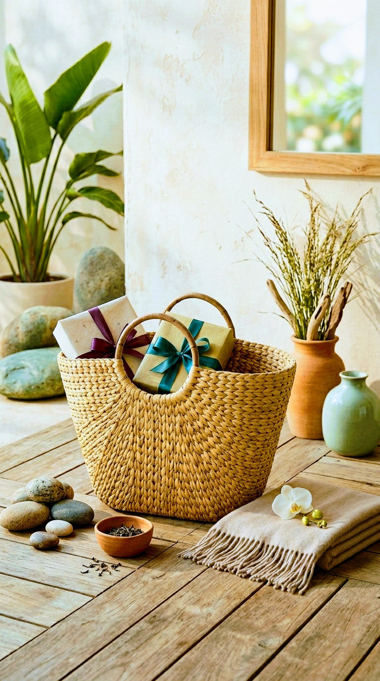 A handmade kauna grass Bedside Sanctuary with gift and plants on a wooden surface