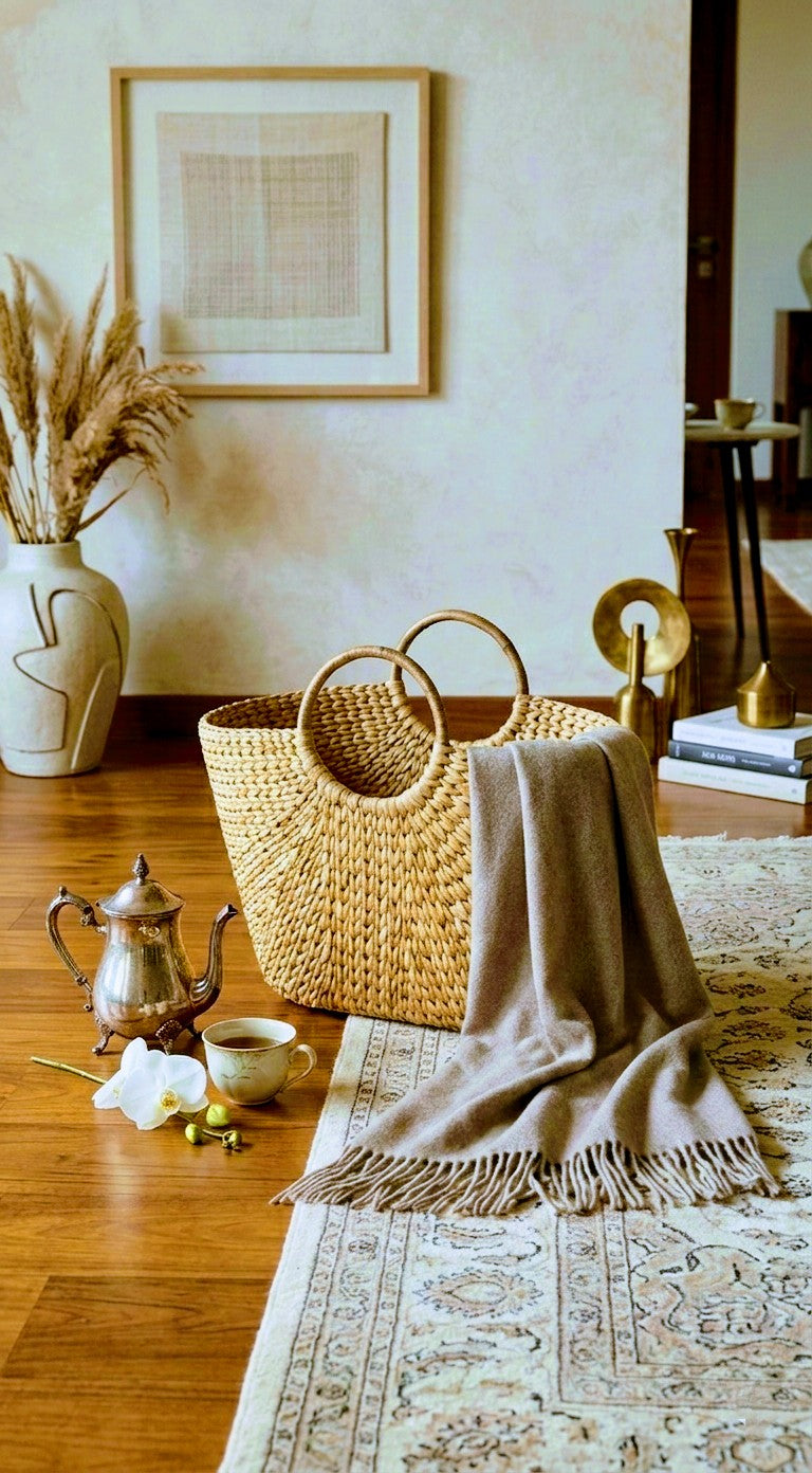 hand Woven grass big basket with a blanket on a wooden floor in a home setting.