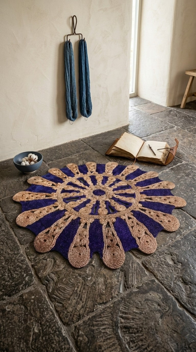 Decorative hand woven jute doormat with a blue and brown pattern on a stone floor, with a book and small bowl in the background.