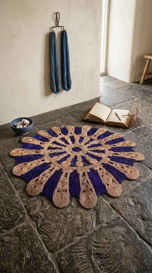Decorative hand woven jute doormat with a blue and brown pattern on a stone floor, with a book and small bowl in the background.
