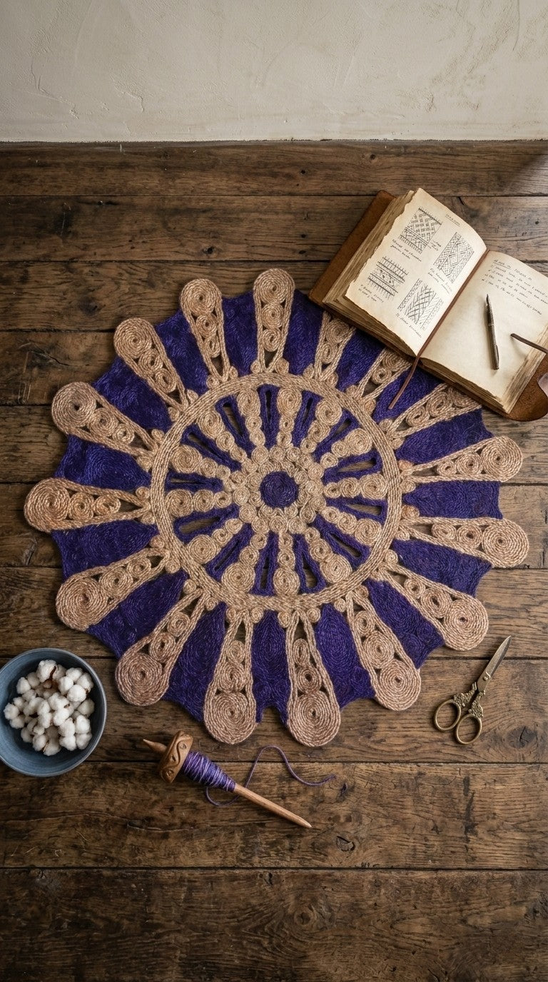 Handwoven jute doily or floor carpet with blue center and beige edges on a wooden surface with yarn and scissors.