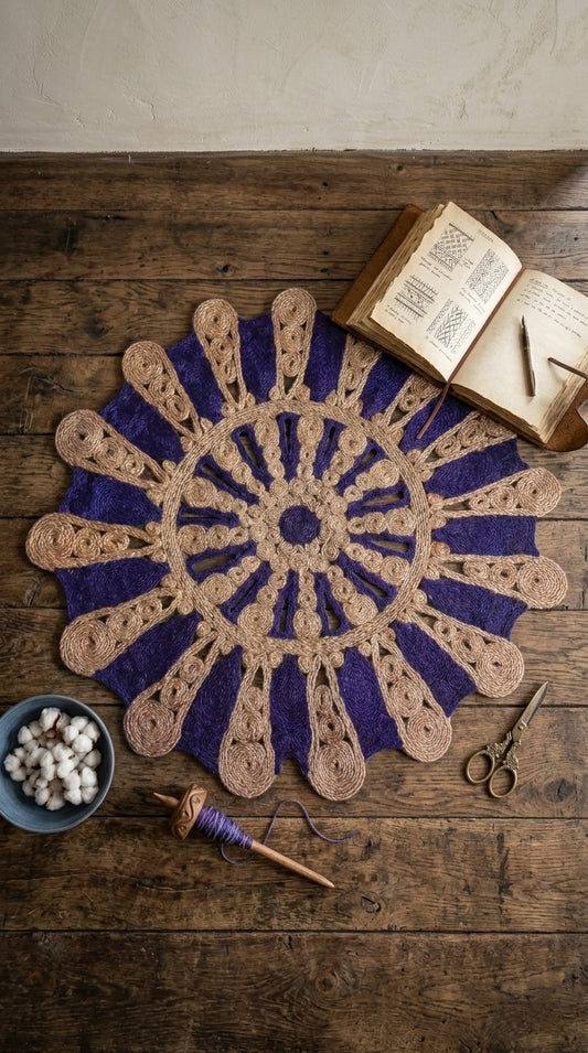 Handwoven jute doily or floor carpet with blue center and beige edges on a wooden surface with yarn and scissors.