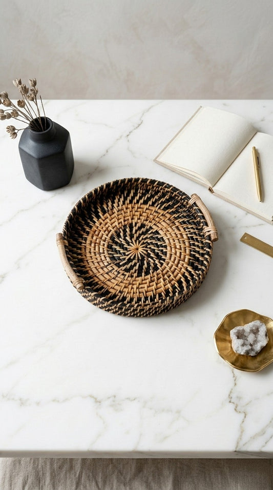 Woven basket on a marble surface with a vase and notebook in the background