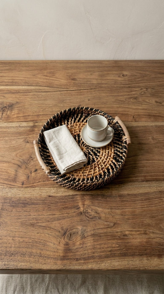 handwoven cane tray with a book and cup on a wooden table