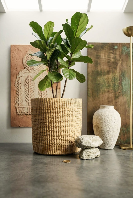 hand Woven kauna grass basket with a plant on a concrete floor, next to a textured wall and decorative items.