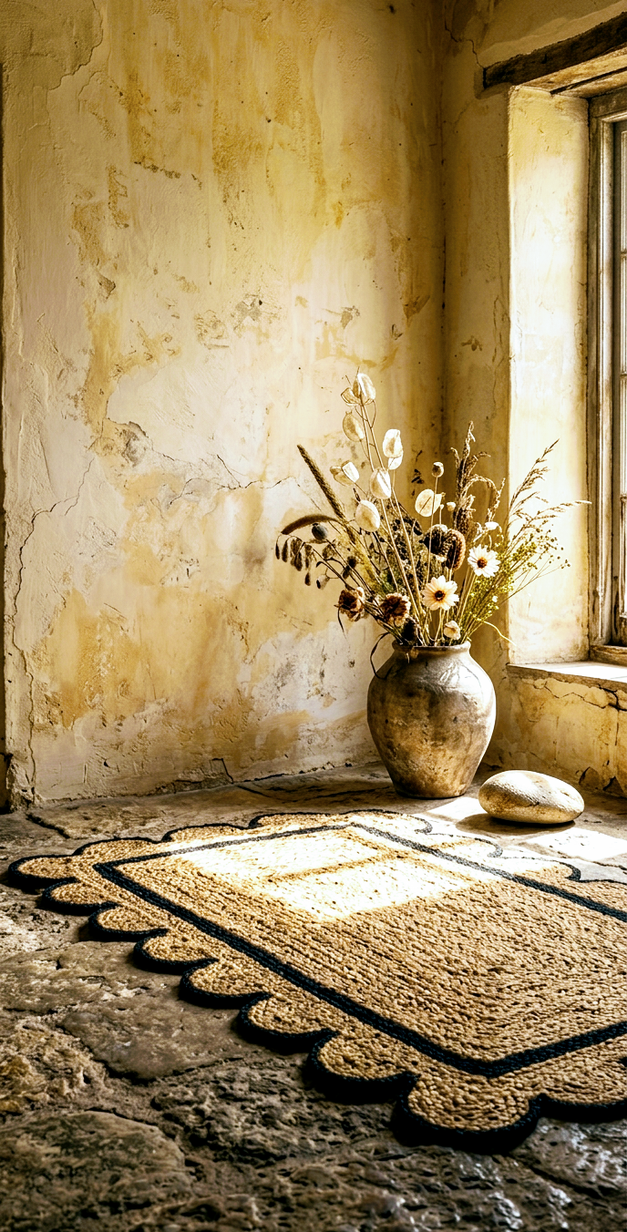 A hand woven jute floor carpet, a decorative vase with flowers on a stone surface near a window with sunlight filtering through.