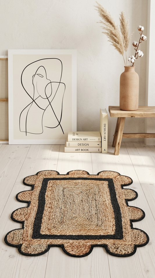 NATURAL HANDMADE JUTE RUG ON WHITE FLOOR WITH ABSTRACT ART AND VASE