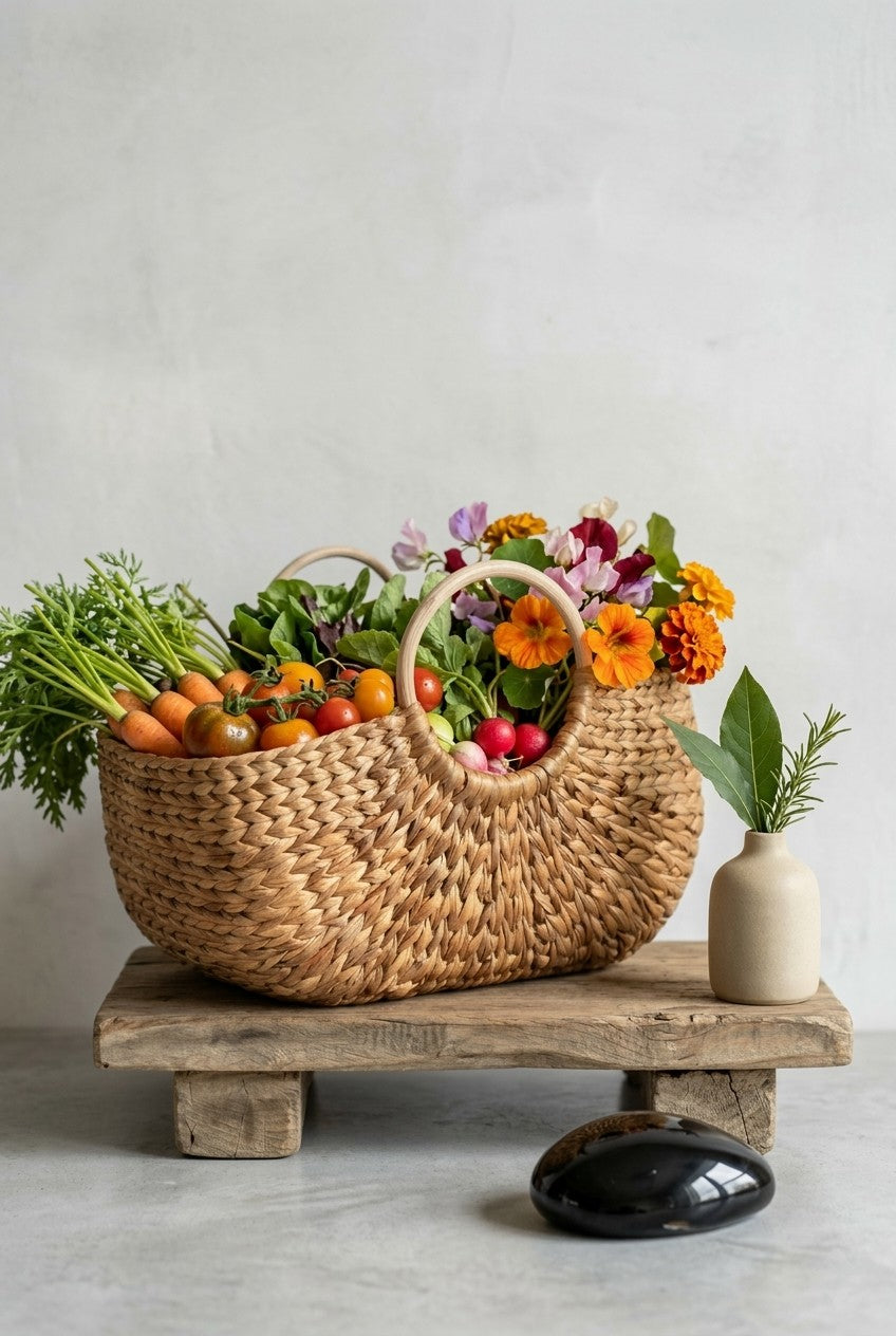 Hand woven water hyacinth basket with fruits, vegetables, and flowers on a wooden stand against a light background