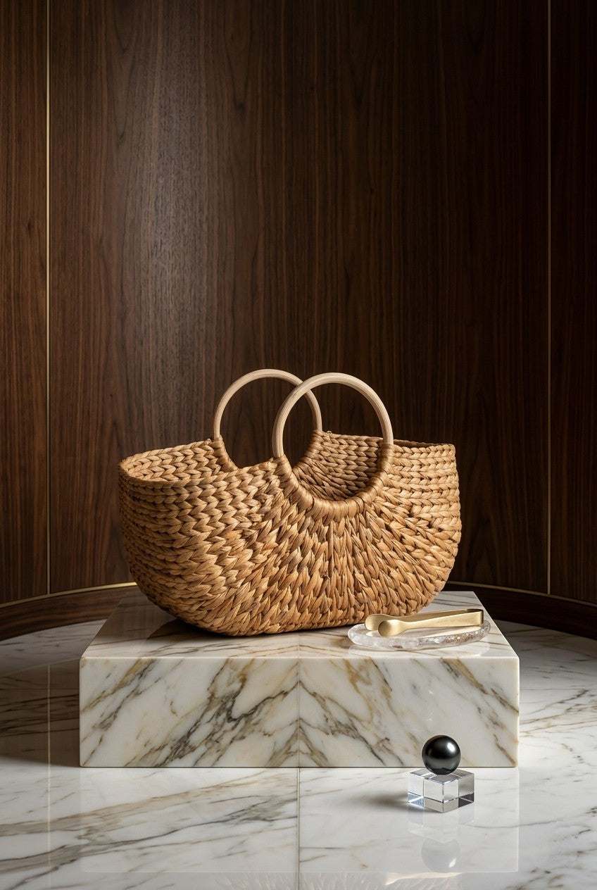 Handmade water hyacinth handbag on a marble pedestal against a wooden wall