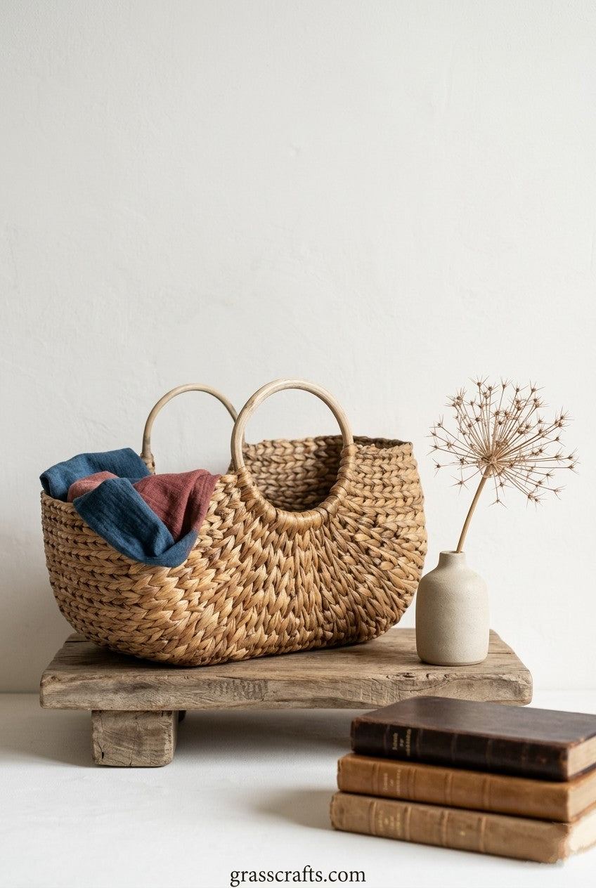 Woven water hyacinth basket with handles, folded fabric, and a vase on a wooden stand against a plain background.