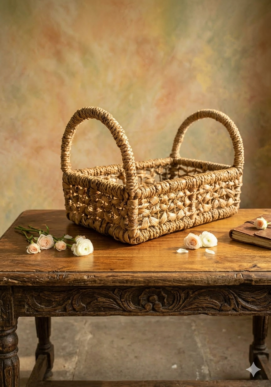 Handwoven water hyacinth basket on a wooden table with flowers and a book against a textured wall.