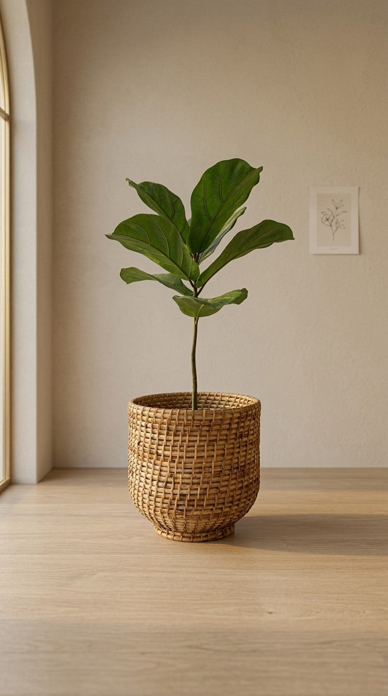 Potted plant in a hand woven cane planter on a wooden floor with a neutral wall background
