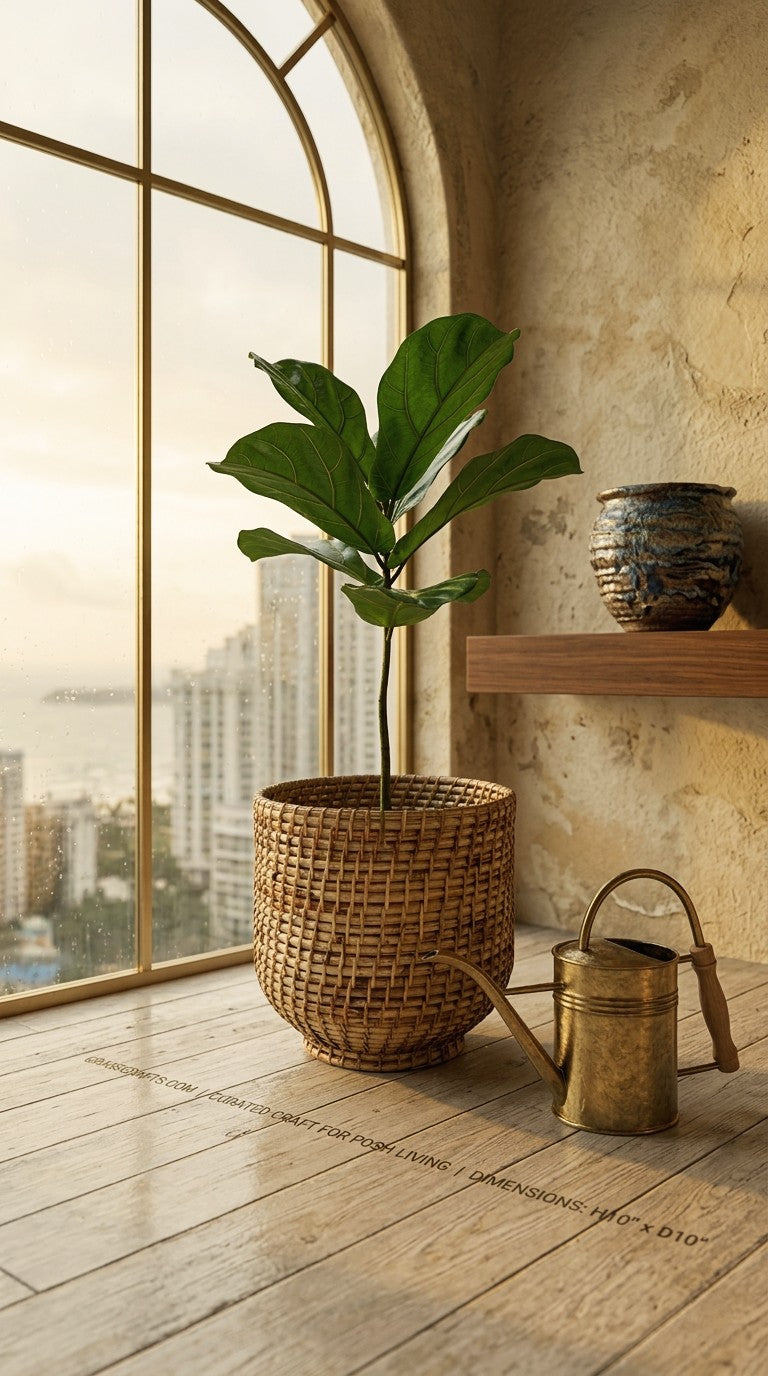 Potted plant in a handmade cane planter on a wooden floor with a large window in the background