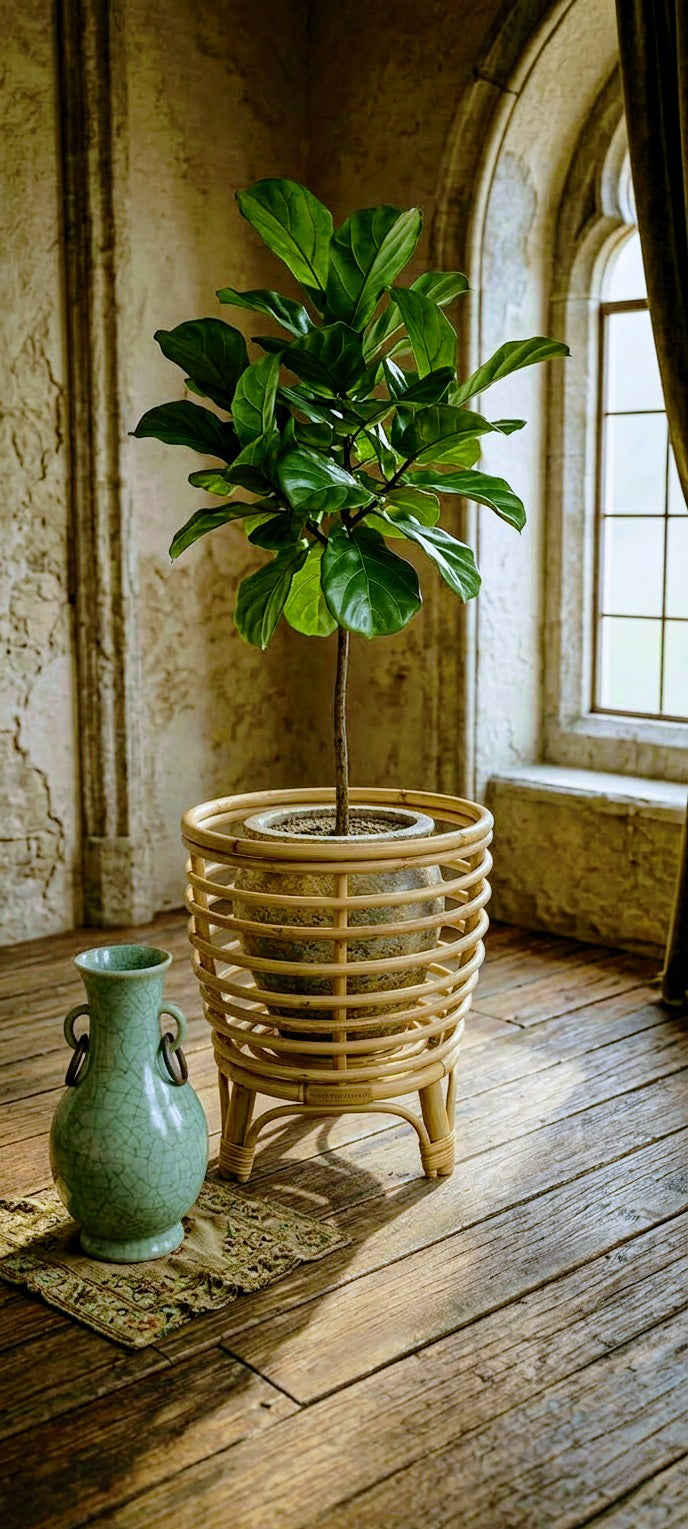 Potted plant in a hand woven cane planter on a wooden floor with a textured wall and window in the background