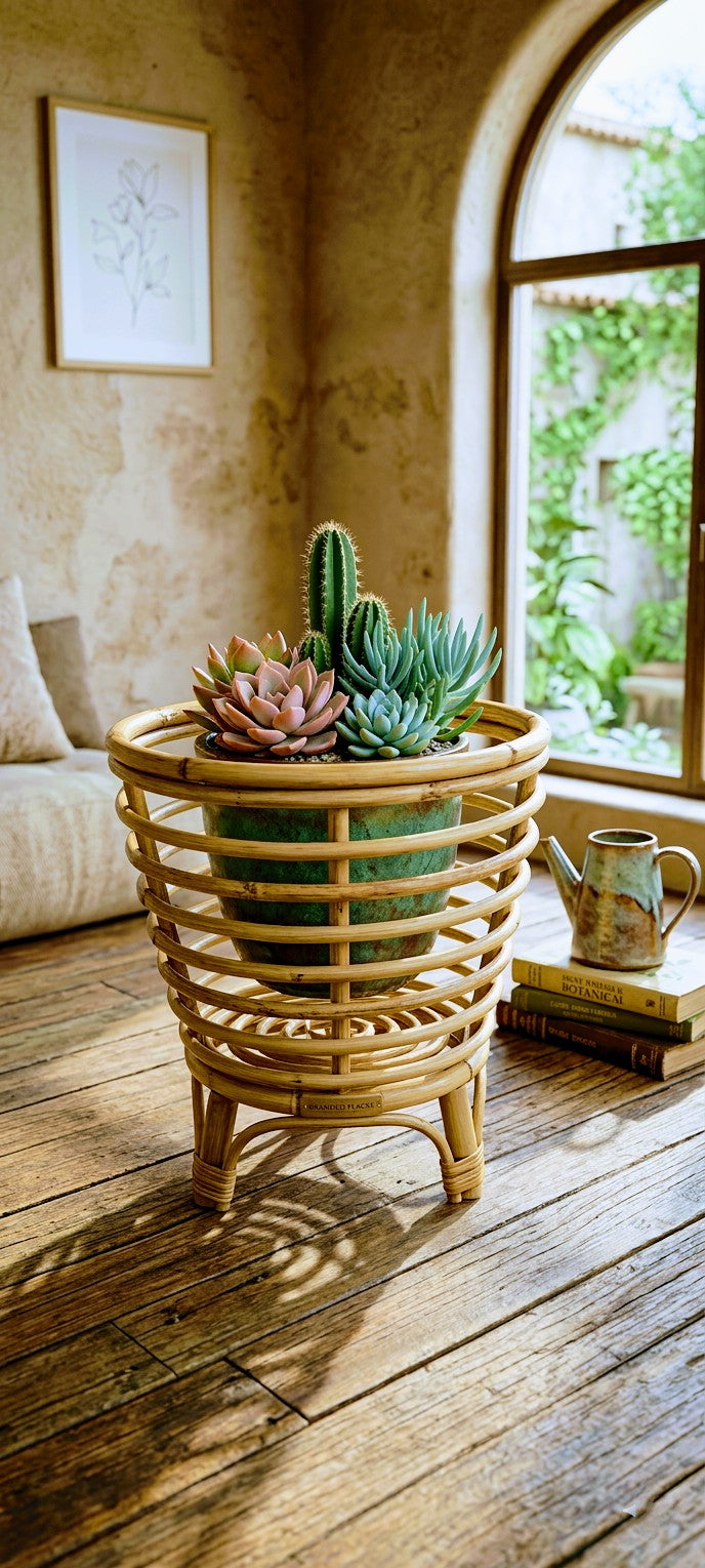 Cactus and succulents in a hand woven cane planter on a wooden floor with a window in the background