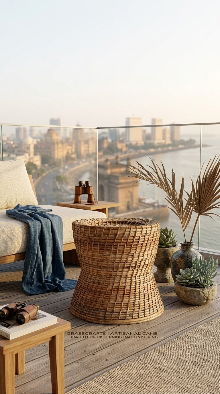 Outdoor patio with handmade cane ottoman or stool, cushions, and city skyline view