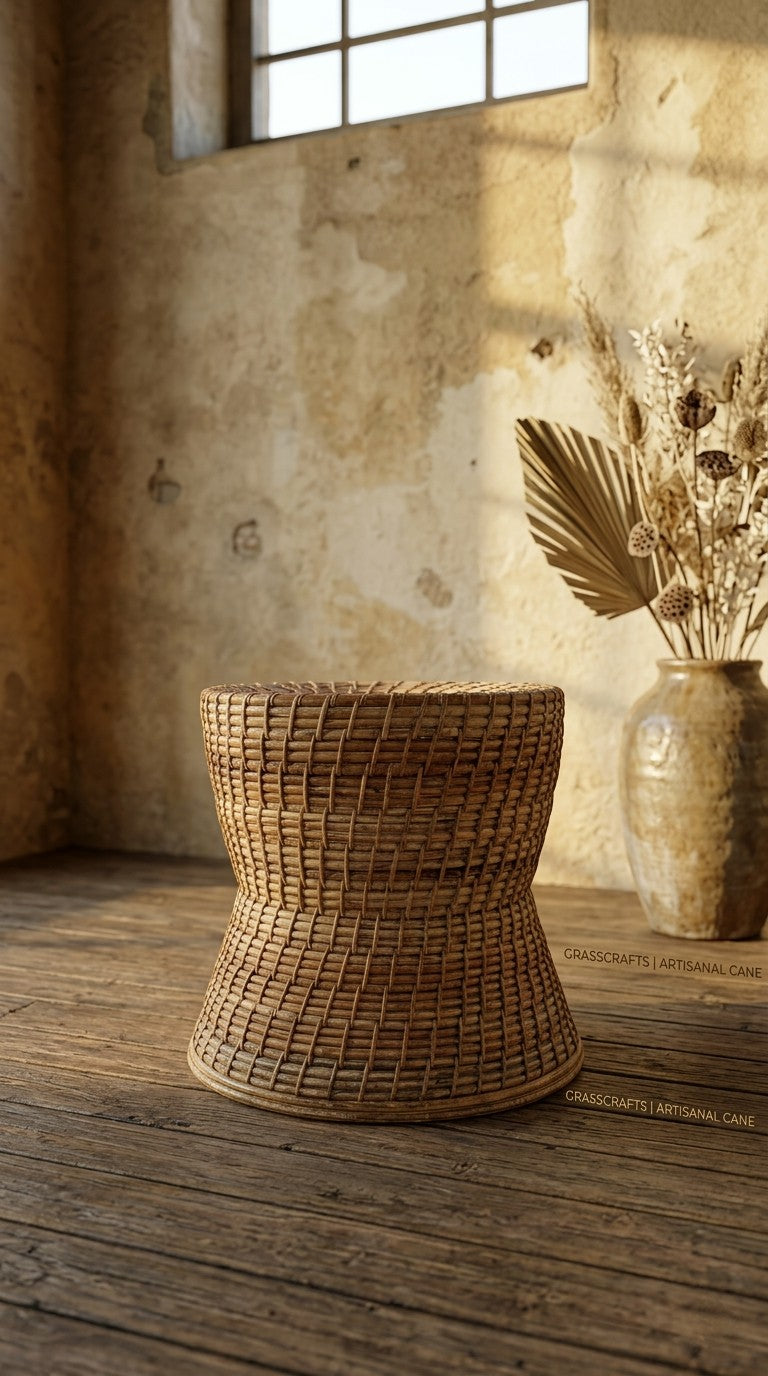 hand woven cane stool or ottoman in a rustic room with a vase of dried plants.