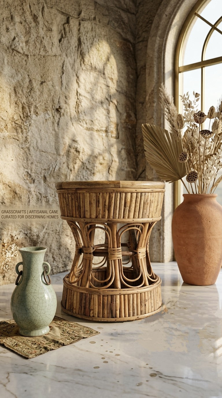 Handmade cane stool or morah or ottoman with two vases against a stone wall and large window.