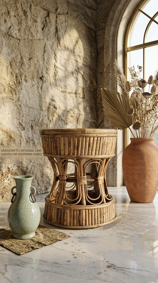 Handmade cane stool or morah or ottoman with two vases against a stone wall and large window.