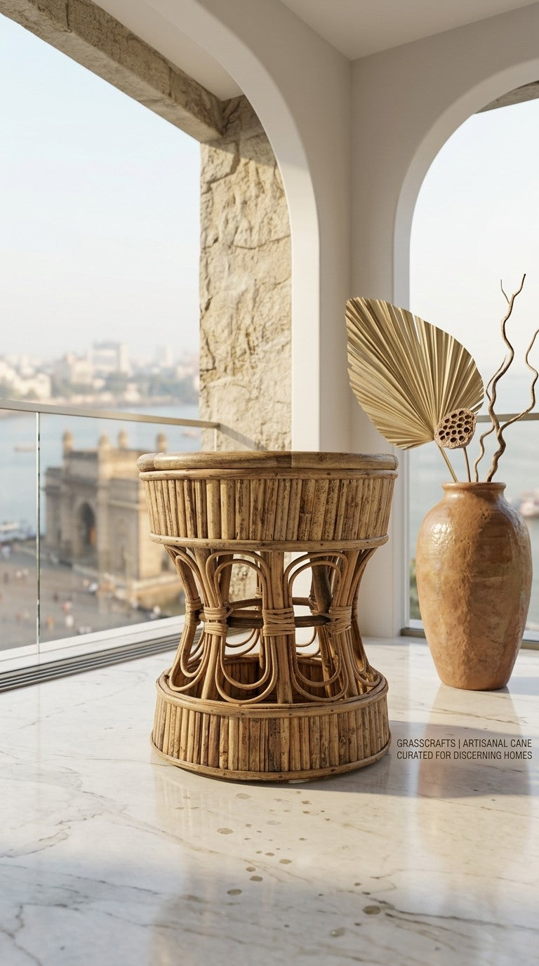 handmade cane ottoman or morah or stool side table with decorative vase and plant in a room with large windows.