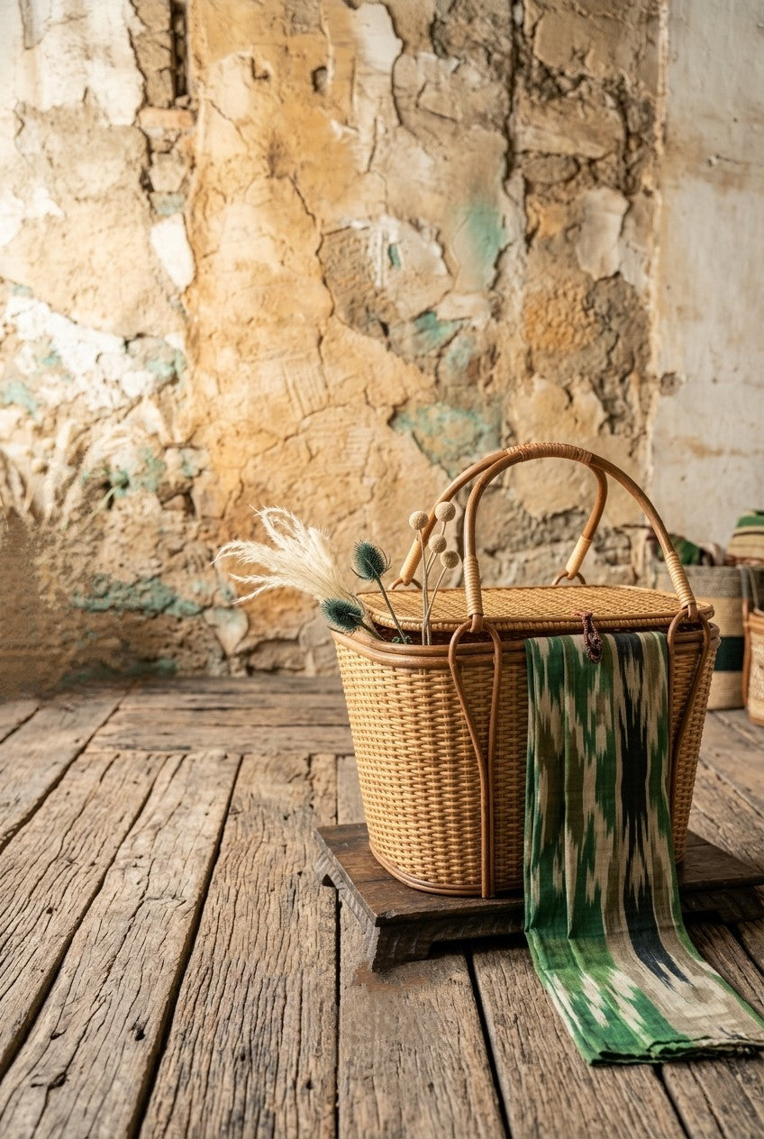 Hand woven cane basket with a green patterned cloth against a textured wall.
