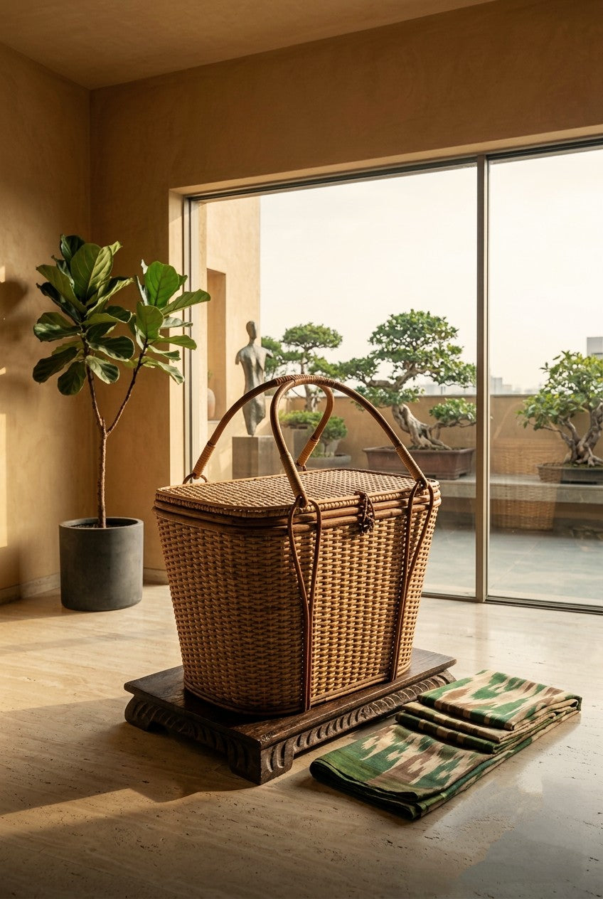 handmade cane basket on a wooden stand with a blanket in a room with large windows.